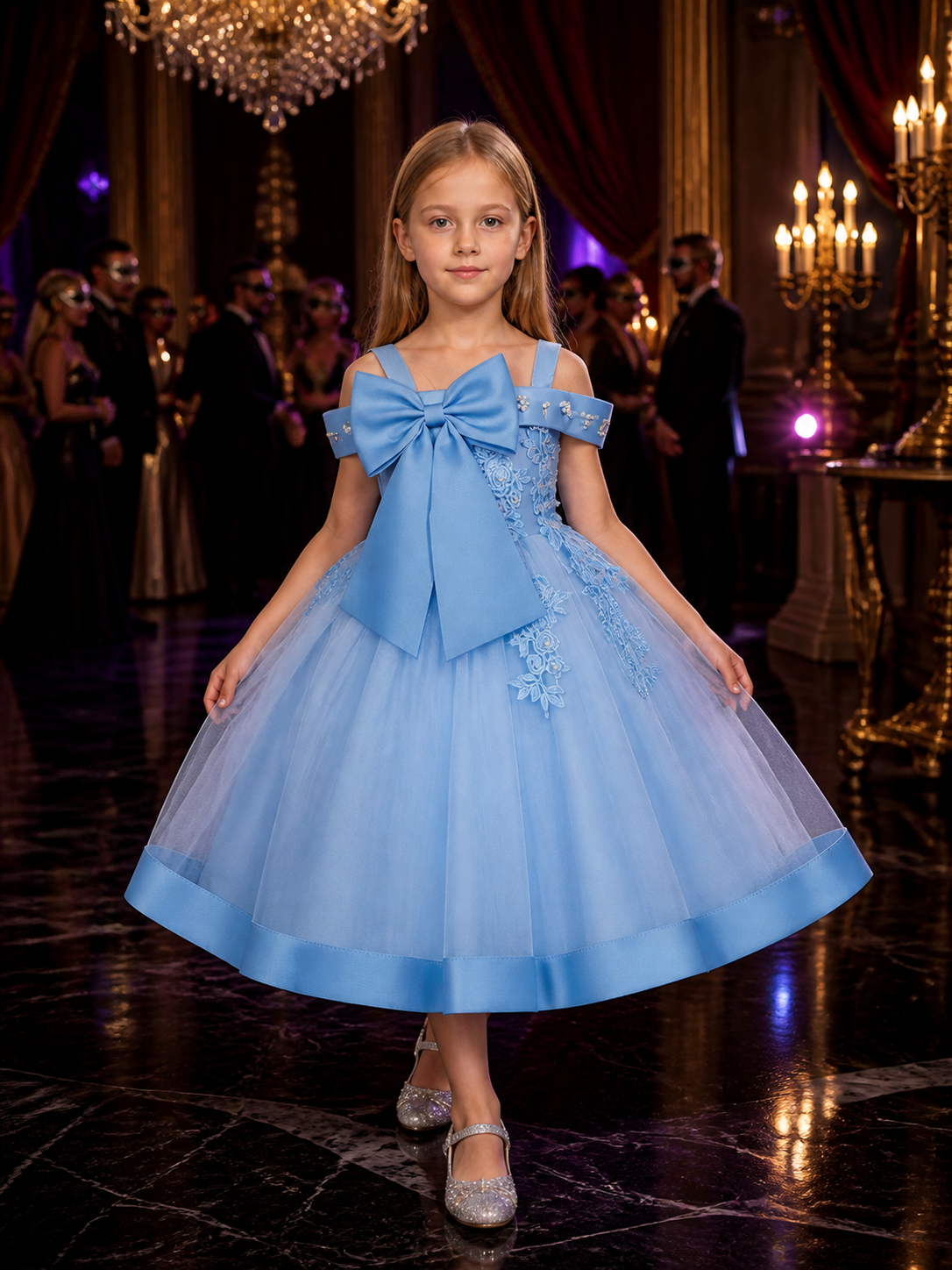 Baby Girls' Sky Blue Princess Dress with Beaded Floral Embroidery and Tulle Costume Dresses detail