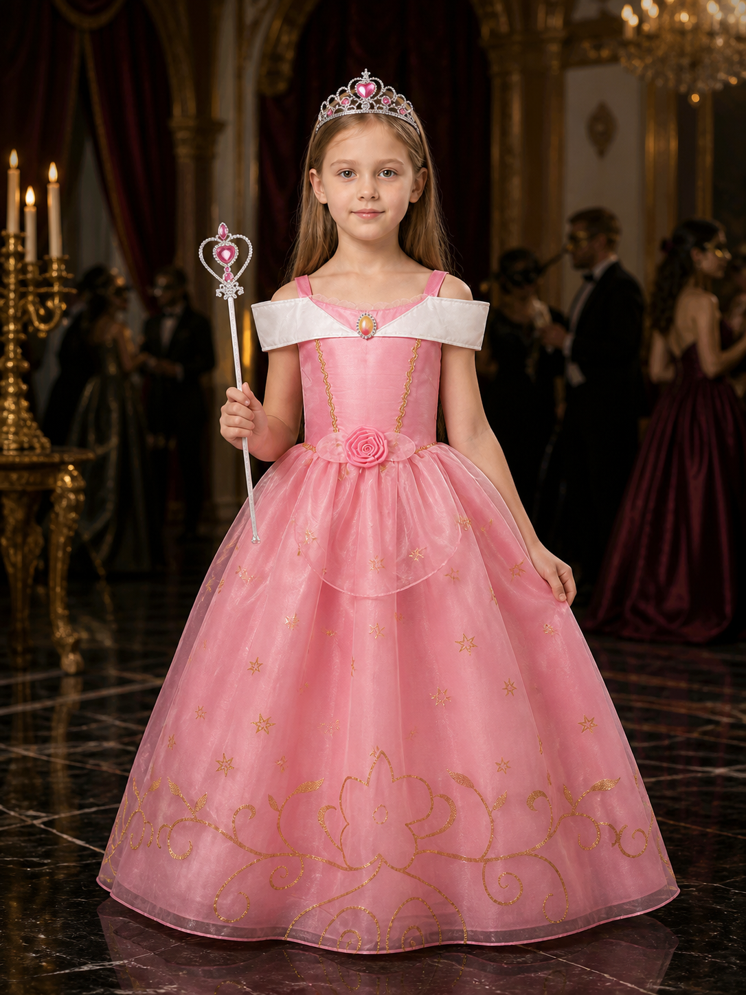 Girls Princess Costume Set - Pink Tulle Dress, Crown & Wand, Gold Star Decor for Costume Dresses detail