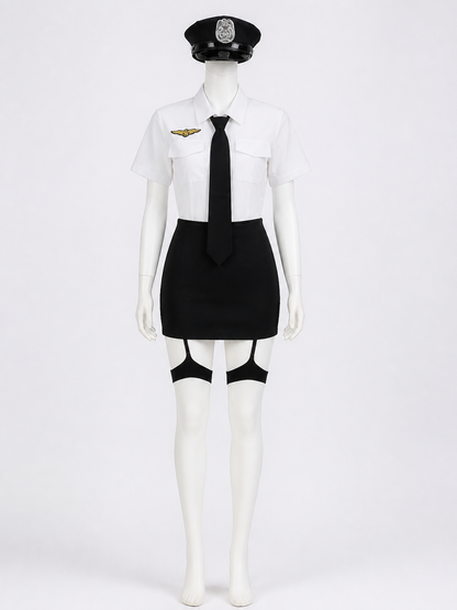 Women's Police Officer Costume, Black and White Uniform with Skirt and Badge Costumes detail