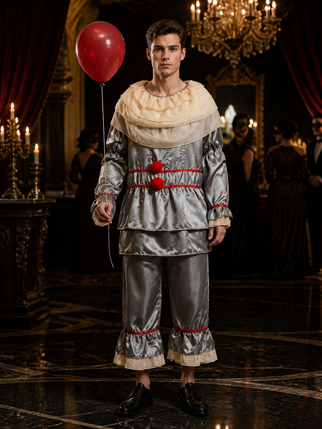 Adult Clown Jumpsuit Costume with Ruffled Collar and Red Sashes Costumes detail