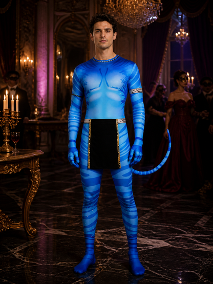 Blue Striped Alien Bodysuit Costume with Tail, Halloween Outfit