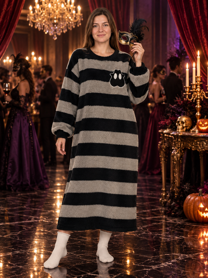 Long Flannel Striped Nightgown with Appliqué
