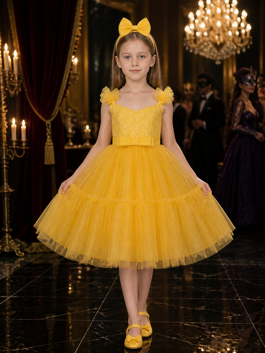 Toddler Girls' Yellow Princess Dress with Lace Bodice, Layered Tulle Skirt and Costume Dresses detail