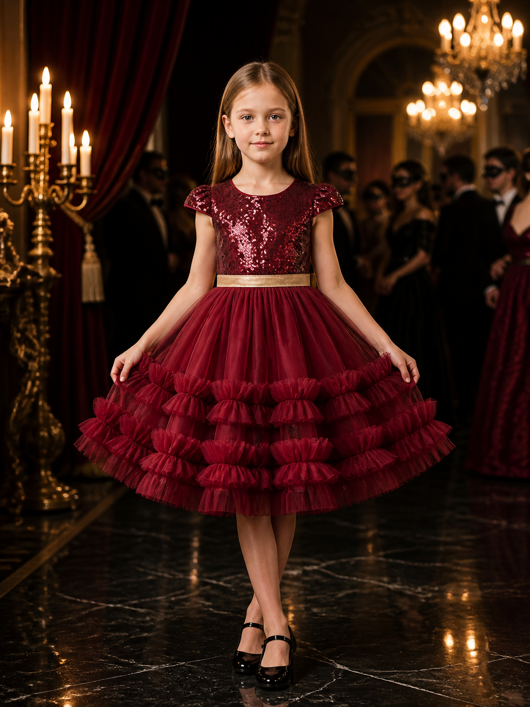Girls' Dark Red Sequin Princess Dress with Layered Tulle Skirt and Puff Sleeves Costume Dresses detail