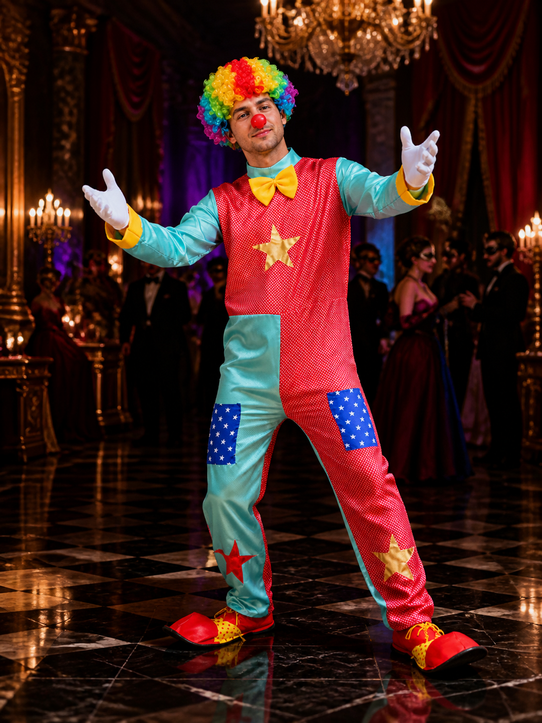 Adult Clown Costume Set, Red and Blue Star Print Bodysuit with Bow Tie for