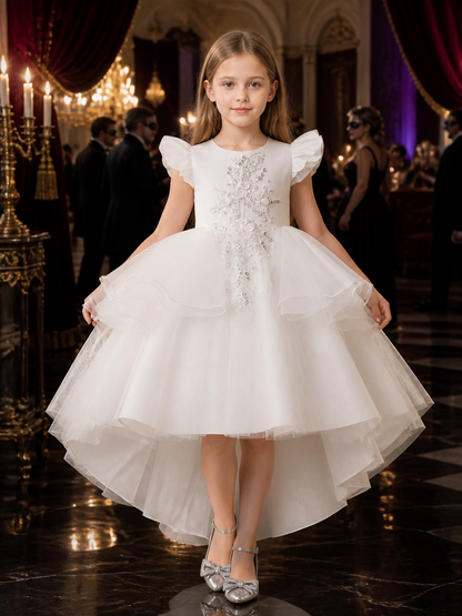 Girls' White Princess Dress, Layered Tulle Skirt with Lace Floral Embroidery and