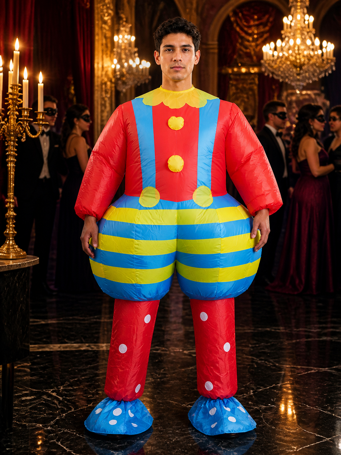 Red Blue Yellow Striped Clown Inflatable Bodysuit Costume Costumes detail