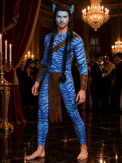 Blue Striped Alien Bodysuit Costume with Brown Panels for Adults Halloween Costumes detail