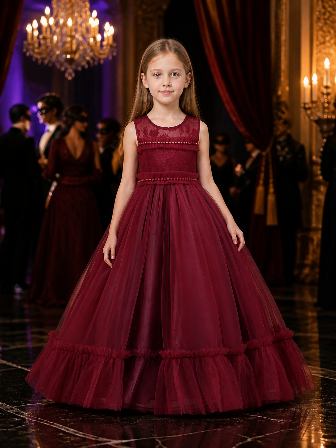 Girls' Burgundy Princess Formal Dress, Sleeveless Lace Bodice Rhinestone Tulle Costume Dresses detail