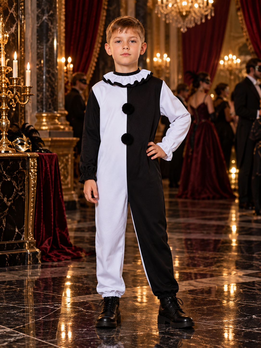 Black and white clown costume with pom-poms and ruffled collar