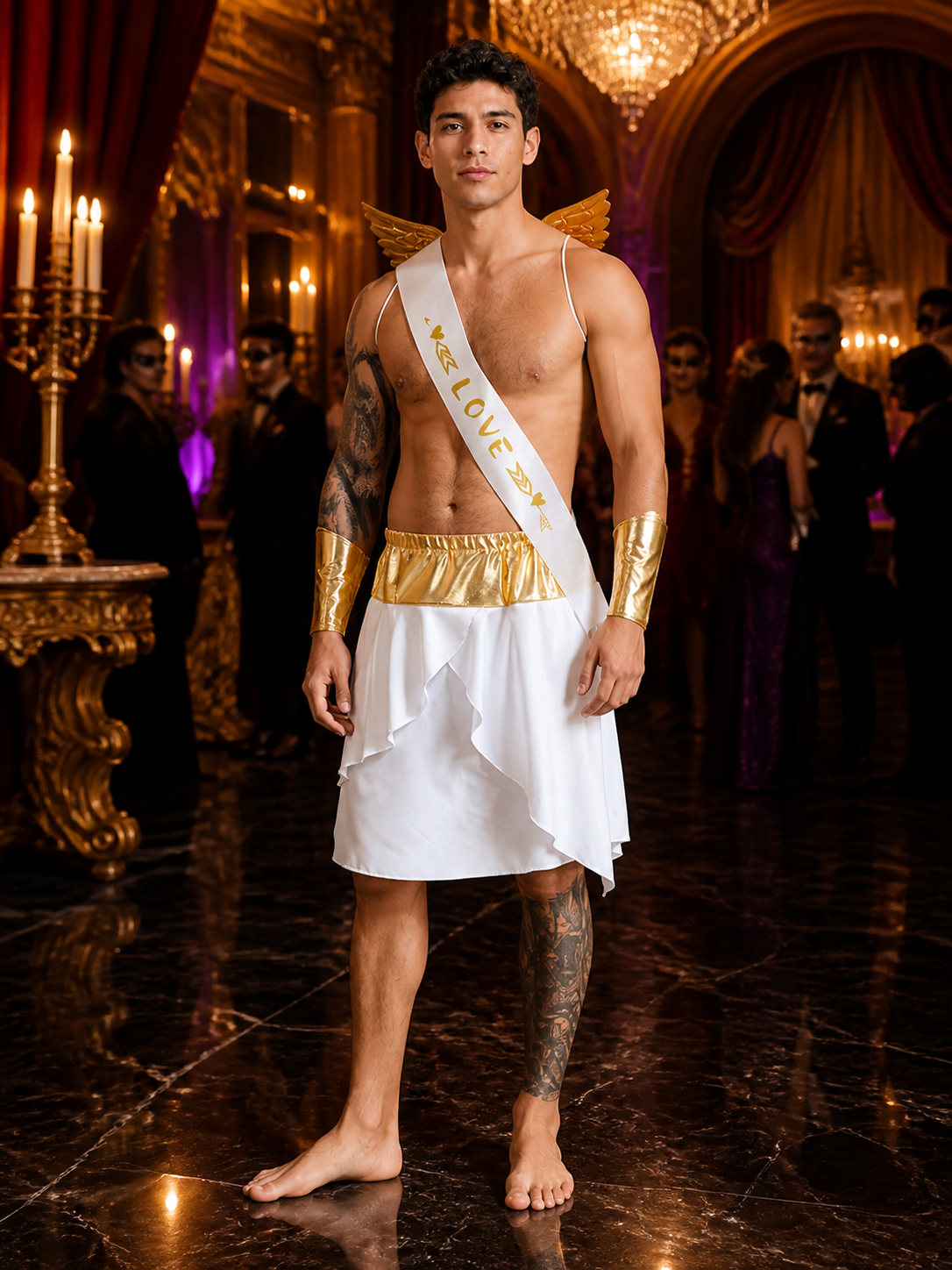 Men's Cupid Costume Dress, White and Gold Winged Asymmetrical Halloween Outfit Costume Dresses detail
