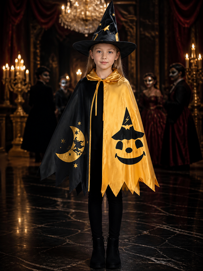 Kids Black and Gold Witch Costume Set with Cape and Pointed Hat, Moon, Bat and Costume Capes detail