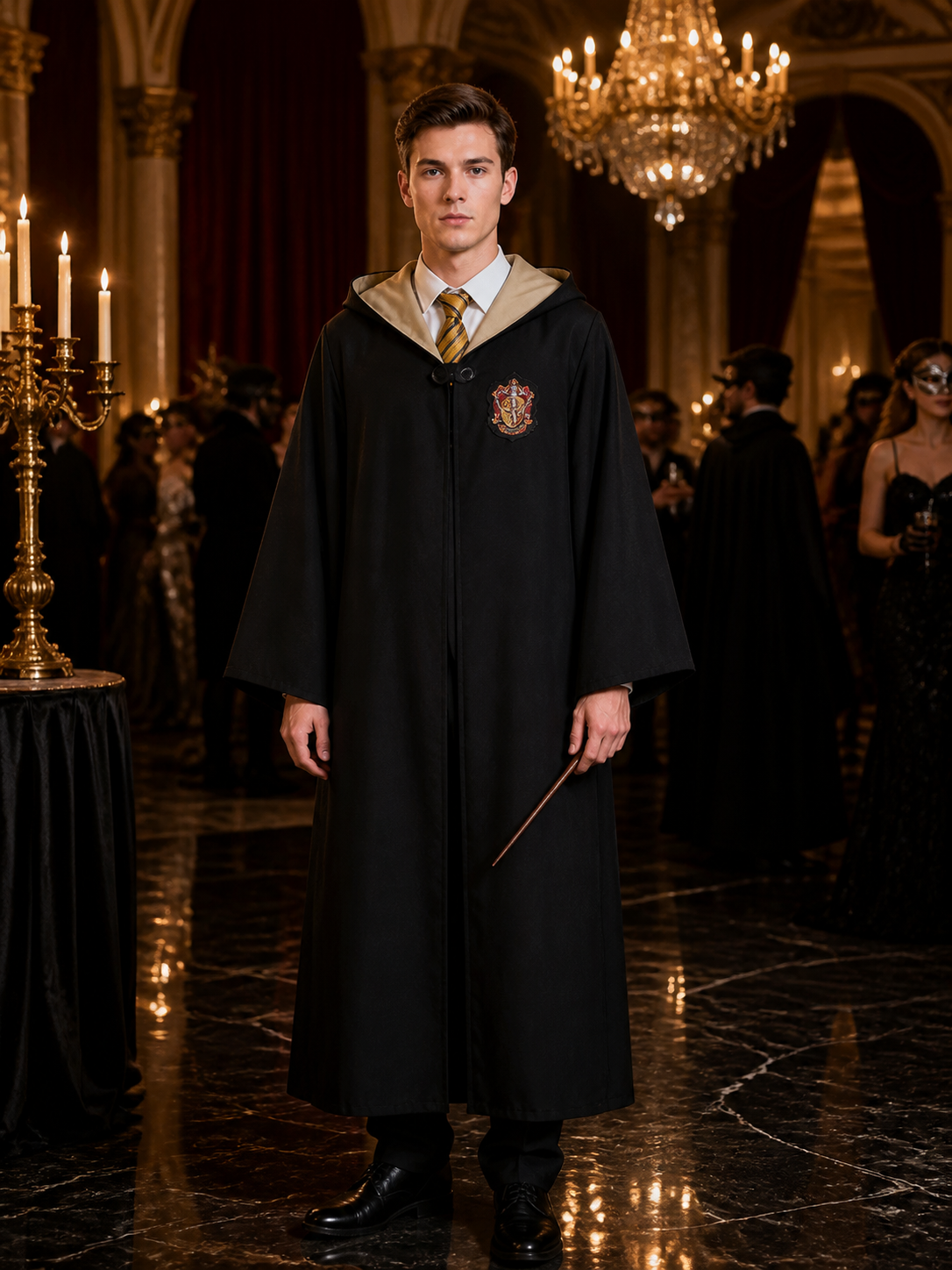 Hufflepuff Wizard Costume Set, Hooded Robe With Striped Tie, Cosplay Outfit Costumes detail