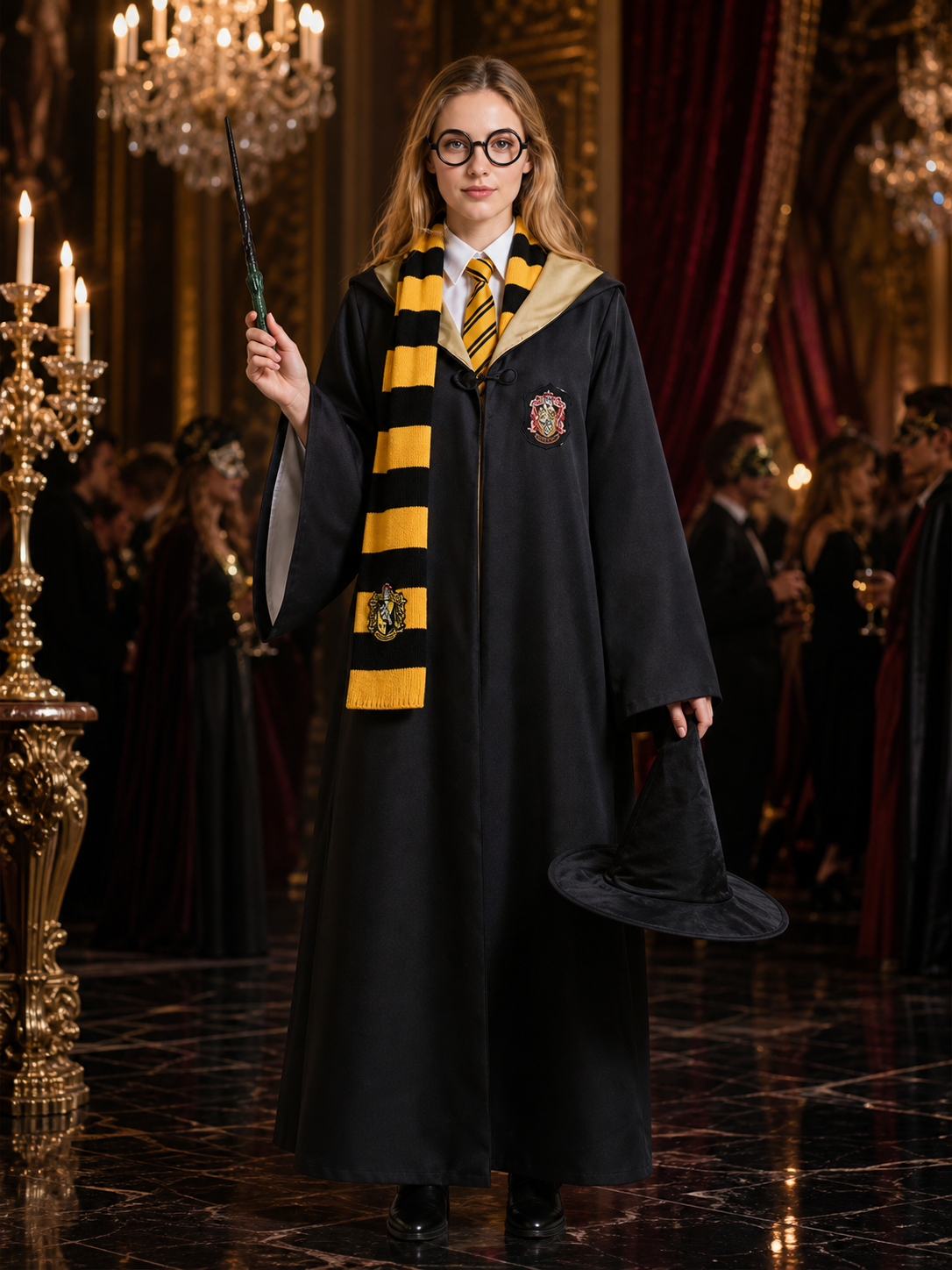 Black and Gold Wizard Costume Set with Hooded Robe, Shirt, Tie, Scarf, Glasses Costumes detail