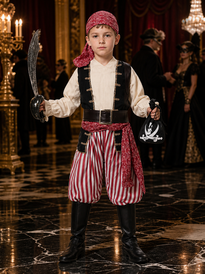 Kids Pirate Costume Set - Red and White Striped Pants, Black Vest, White Shirt Costumes detail