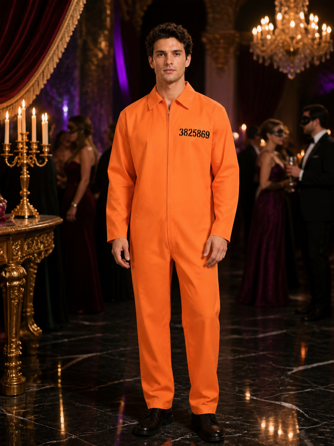 Orange Prison Jumpsuit Costume for Halloween with Zip-Front and Number Print Costumes detail