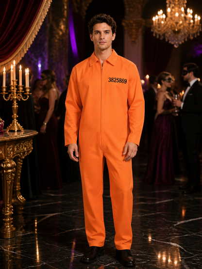 Orange Prison Jumpsuit Costume for Halloween with Zip-Front and Number Print Costumes detail