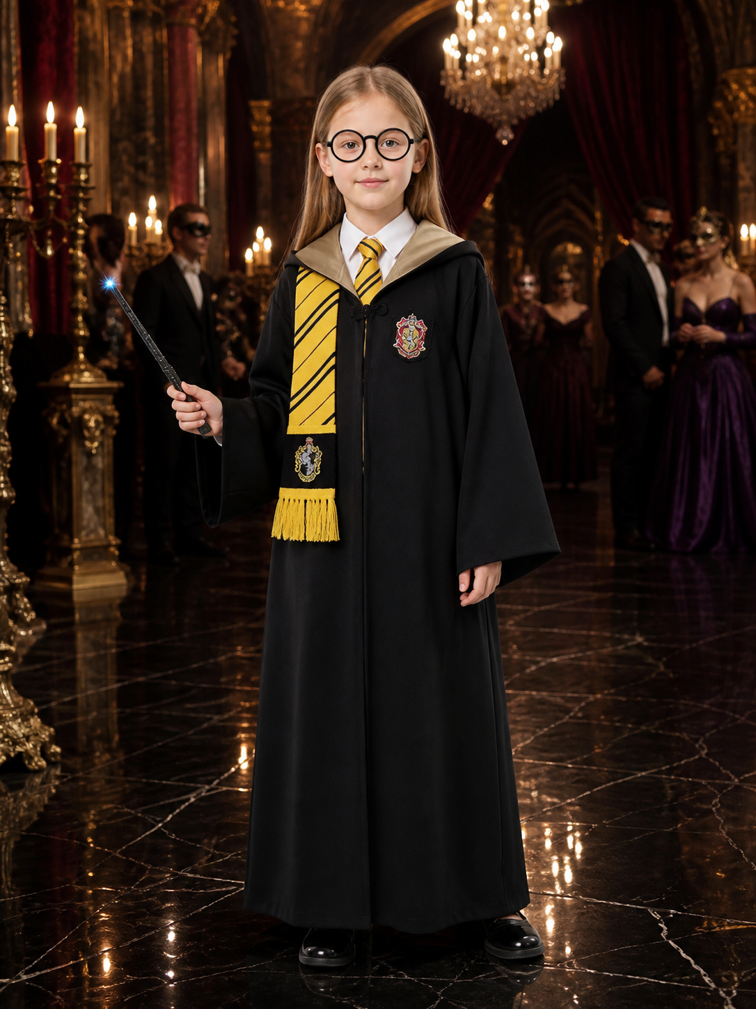Wizard Robe Costume Set with Striped Scarf, Tie, Glasses and Wand Costume Accessories detail