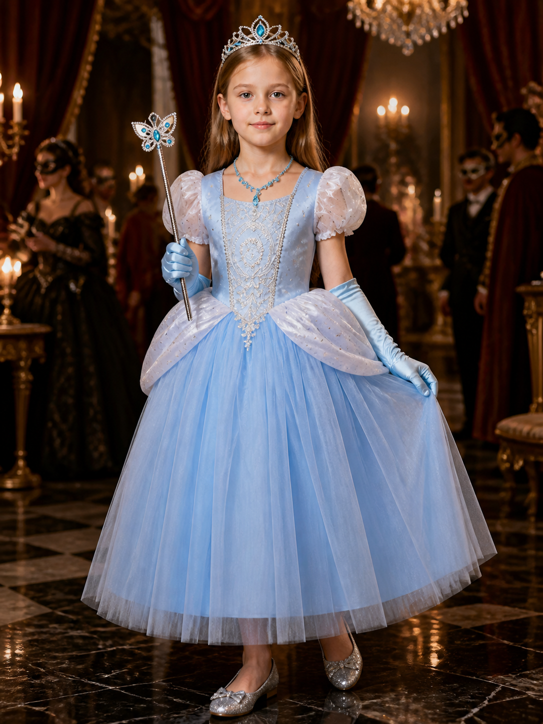 Girls Cinderella Princess Dress Costume, Layered Tulle Ball Gown with Crown Wand Costume Dresses detail