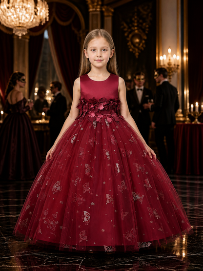 Girls' Princess Dress, Layered Tulle Gown With Satin Bodice, Floral Waist and