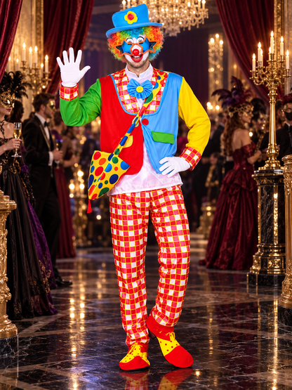Adult Clown Costume, 6 Pieces, Wig and Mask