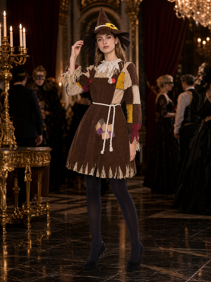 Witch Costume Set, Long Sleeve Patchwork Outfit with Fringed Details, Pointed Costumes detail