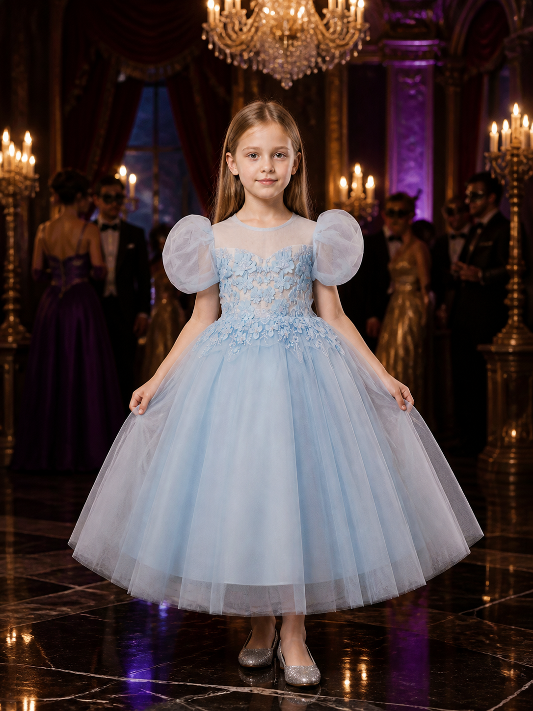 Baby Girls' Princess Party Dress, Sky Blue Tulle Gown With Puff Sleeves And Costume Dresses detail