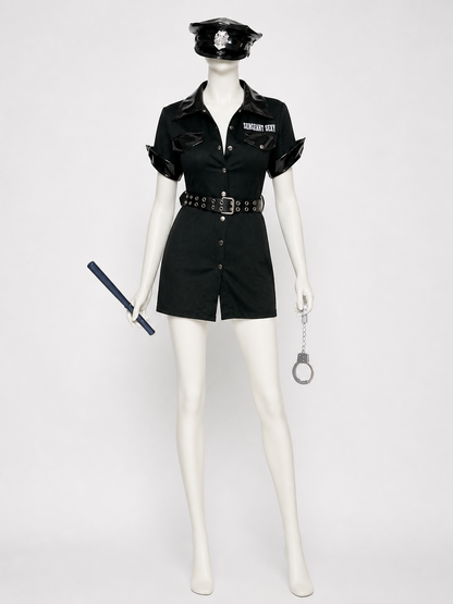 Women's Police Costume Set, Short-Sleeve Collared Bodysuit Dress with Belt, Hat