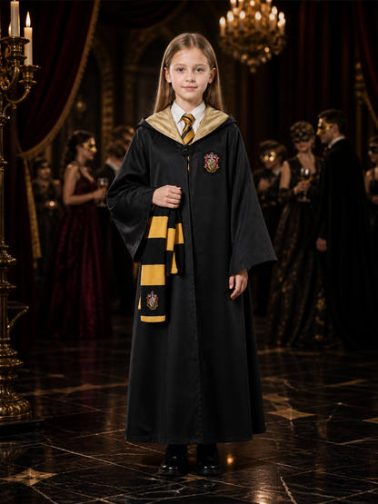 Kids Wizard Costume Set - Black Hooded Robe with Academy Crest & Yellow Black Costumes detail