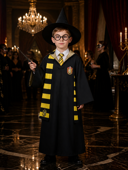 Wizard Costume Set, Hooded Robe With Shirt, Tie, Scarf, Hat, Glasses And Wand Costume Headwear detail