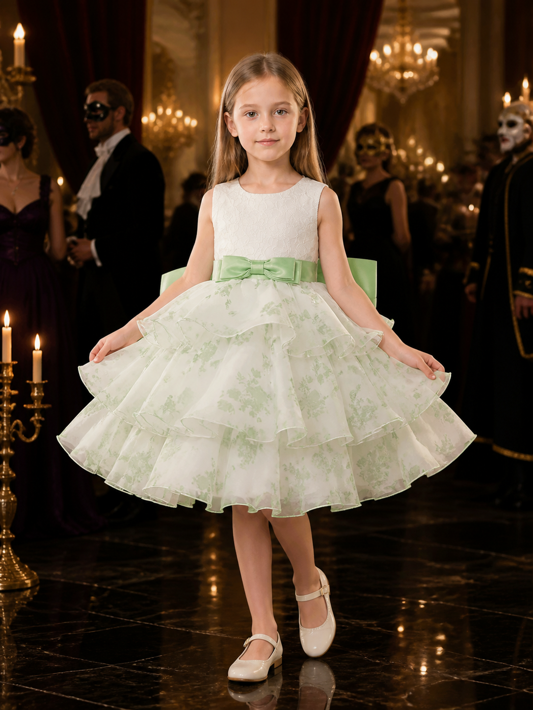 Toddler Girls' Princess Dress, White Lace Bodice, Mint Green Bow and Layered
