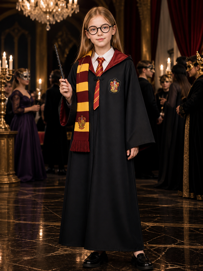 Red and Gold Striped Wizard Robe Costume Set with Hood, Tie, Scarf, Glasses & Costumes detail