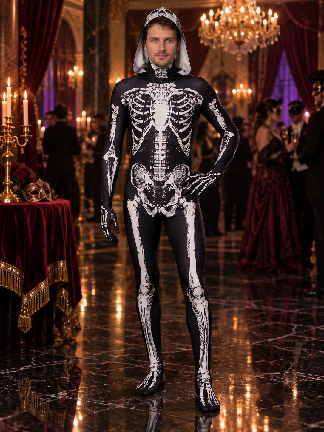 Black Skeleton Costume with Hood and Bone Print