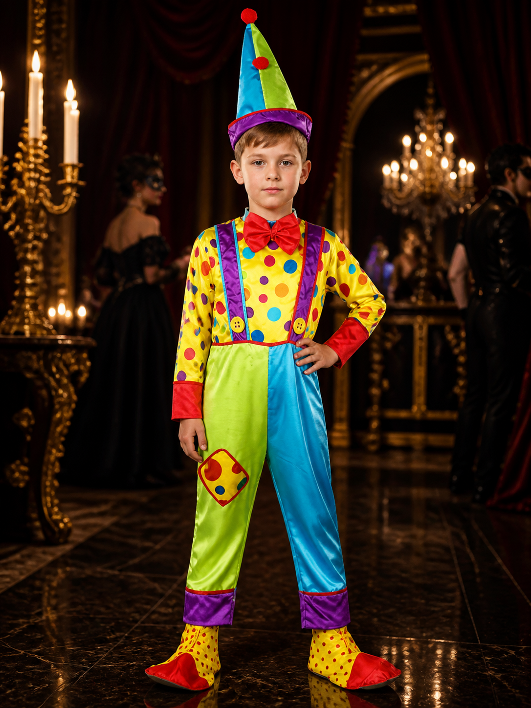 Kids' Colorful Clown Jumpsuit Costume Set with Polka Dots and Pointed Hat Costume Headwear detail