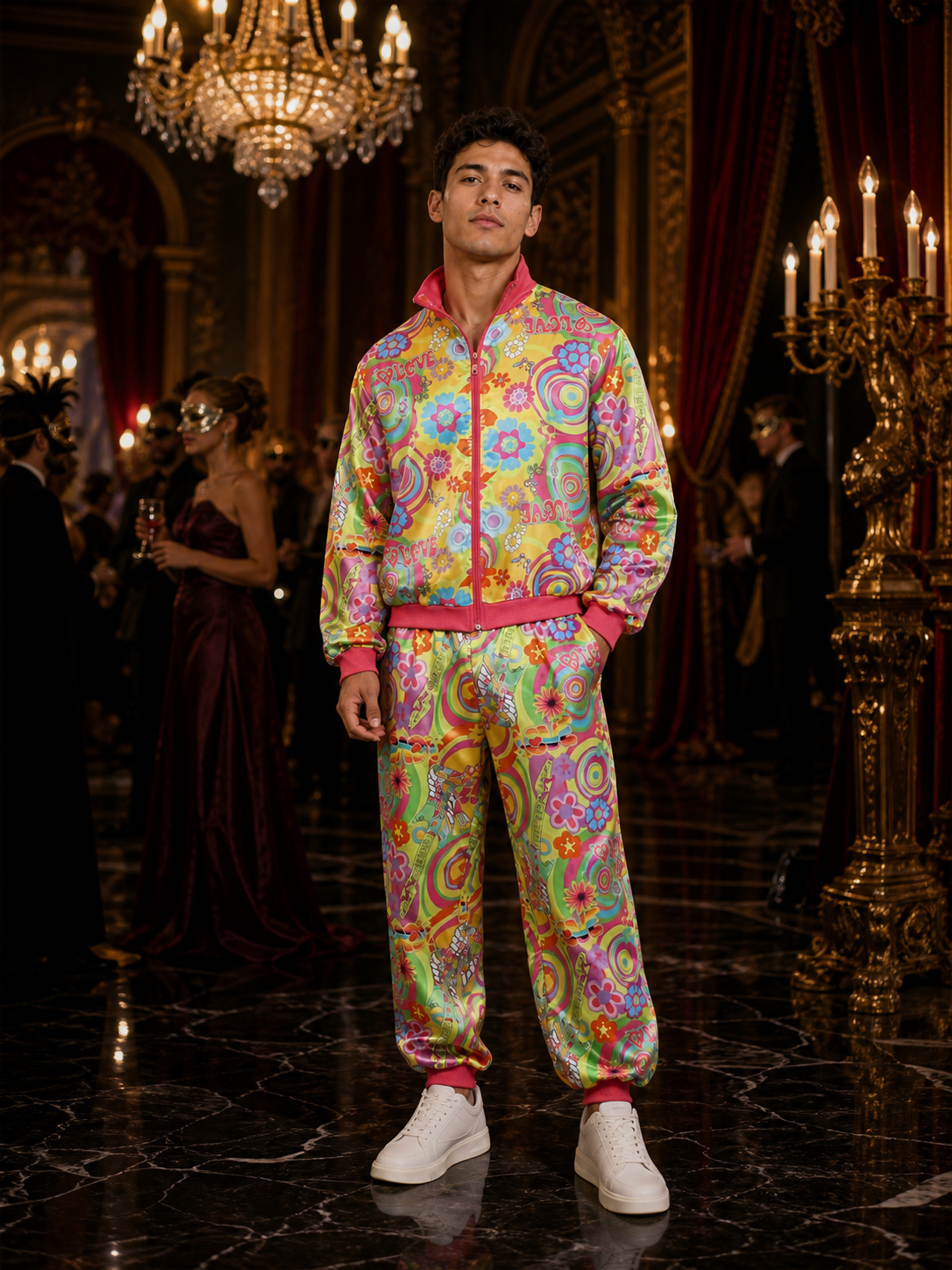 Retro 70s Disco Jumpsuit Costume, Colorful Floral Print, Zip Front, Stand Collar Costumes detail