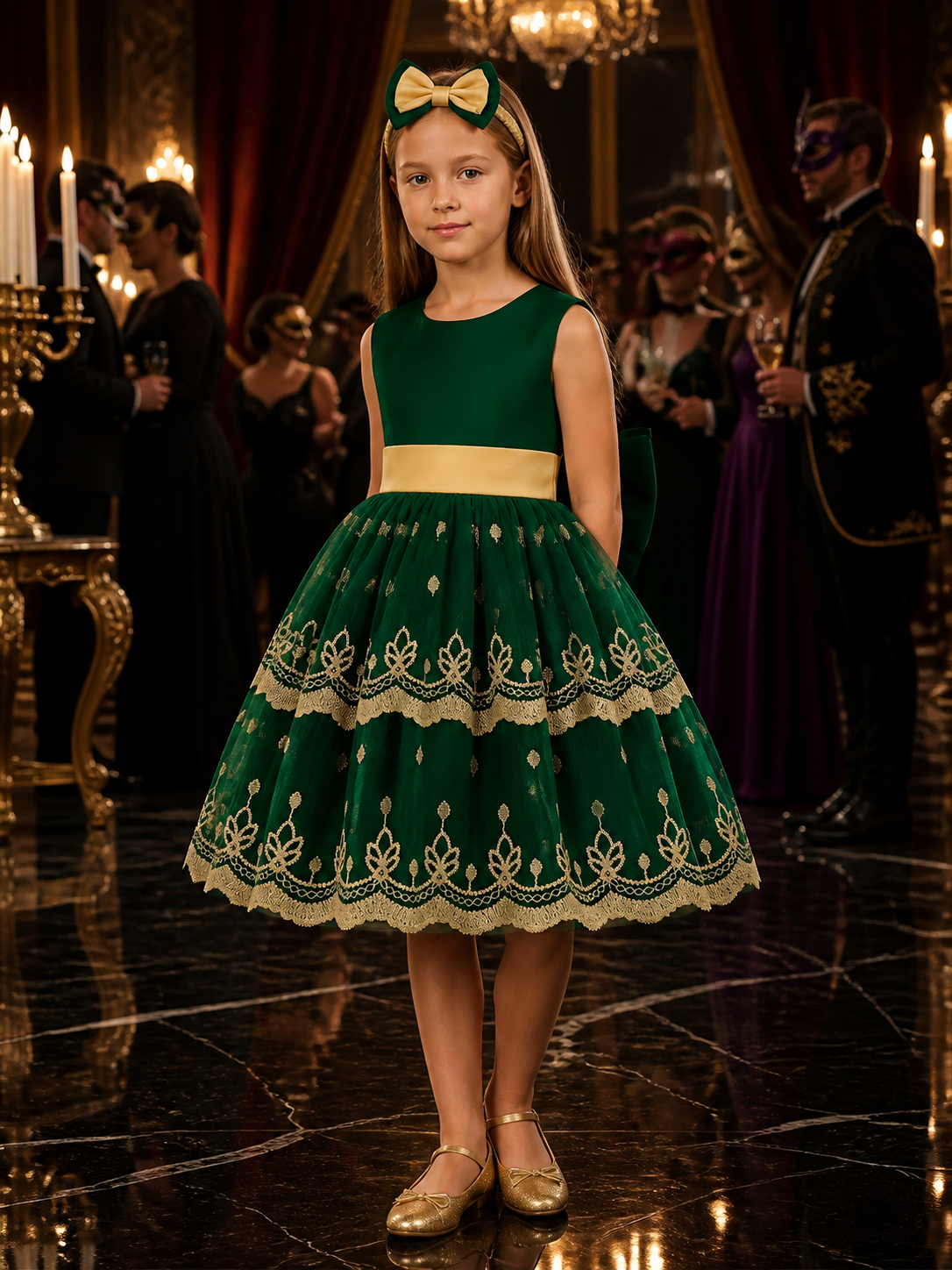 Girls' Dark Green Embroidered Princess Dress With Bow, Layered Tulle Skirt Costume Dresses detail