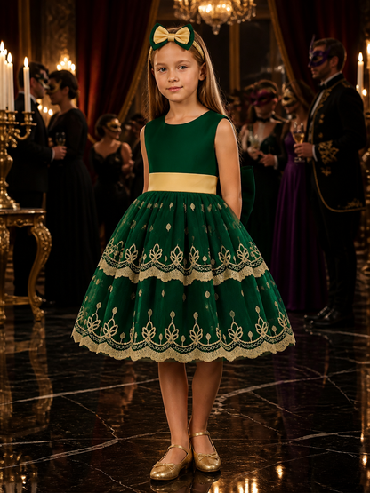 Girls' Dark Green Embroidered Princess Dress With Bow, Layered Tulle Skirt Costume Dresses detail