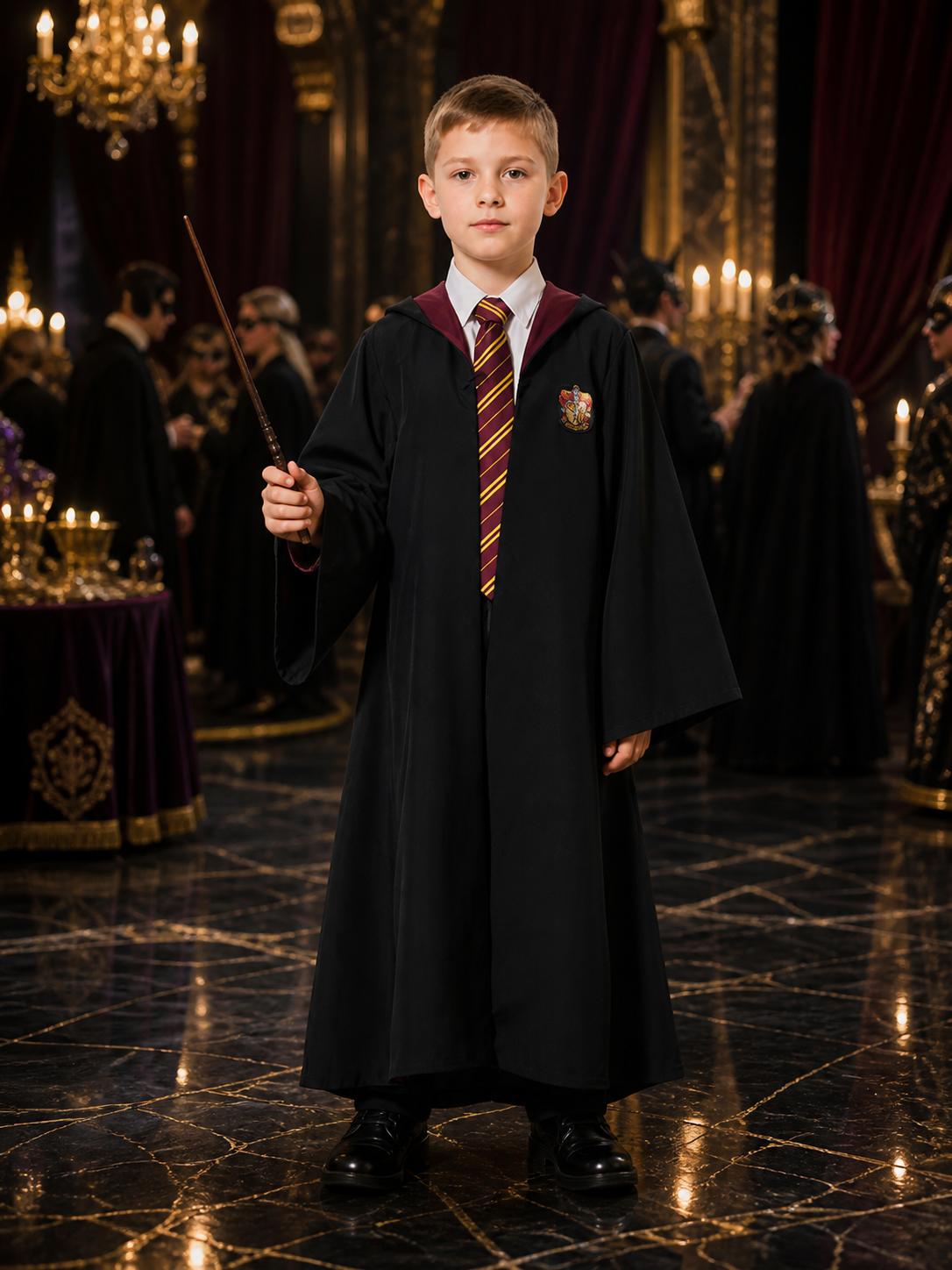Wizard Robe Costume Set with Wand, Striped Tie and Chest Badge Costume Accessories detail