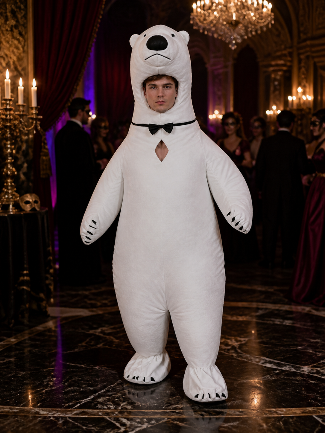 Adult Polar Bear Costume, White Animal Onesie with Black Bow Tie, Halloween Costume Accessories detail