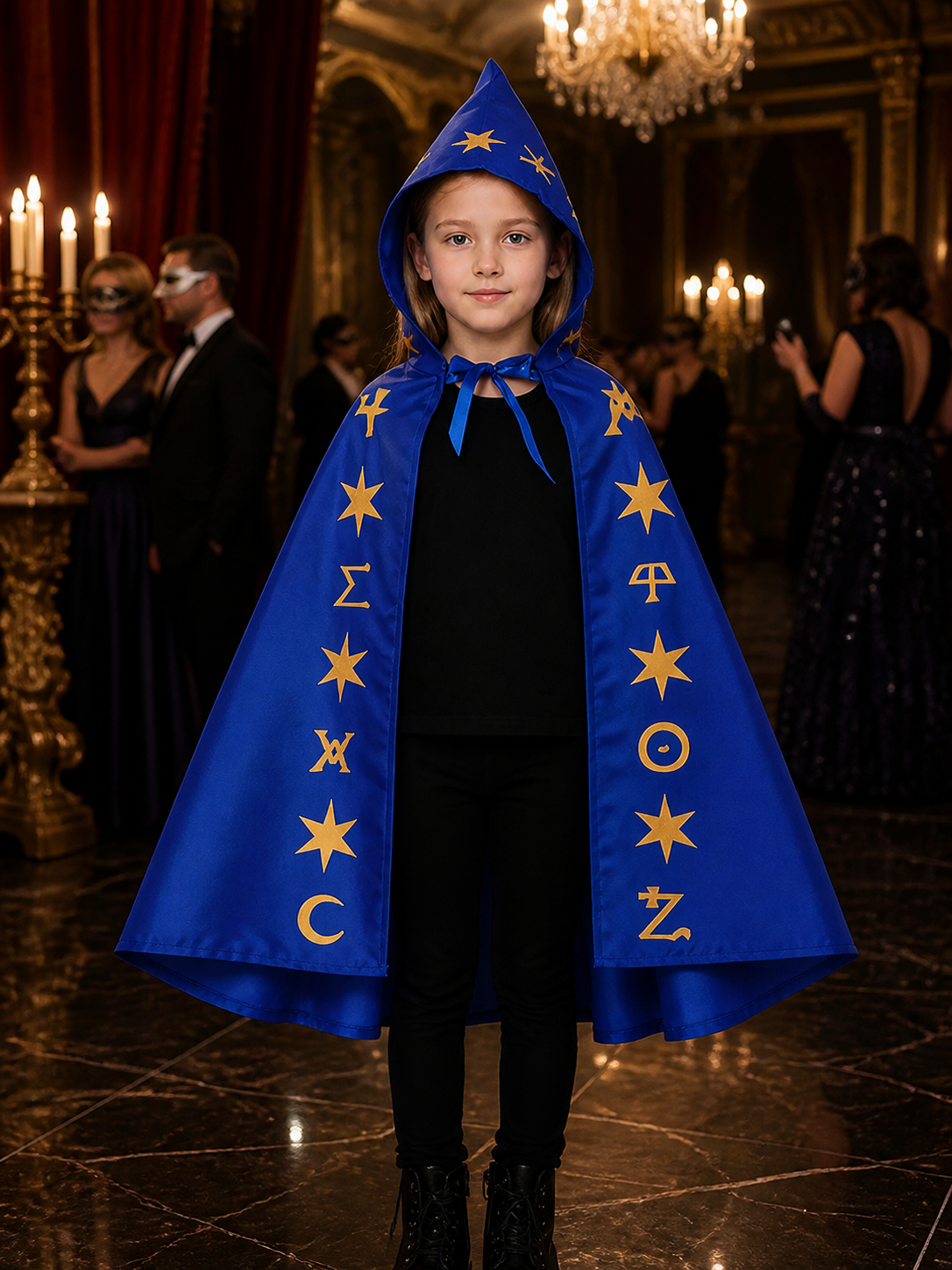 Blue Wizard Costume Set with Pointed Hat and Star-Patterned Cape Costume Capes detail