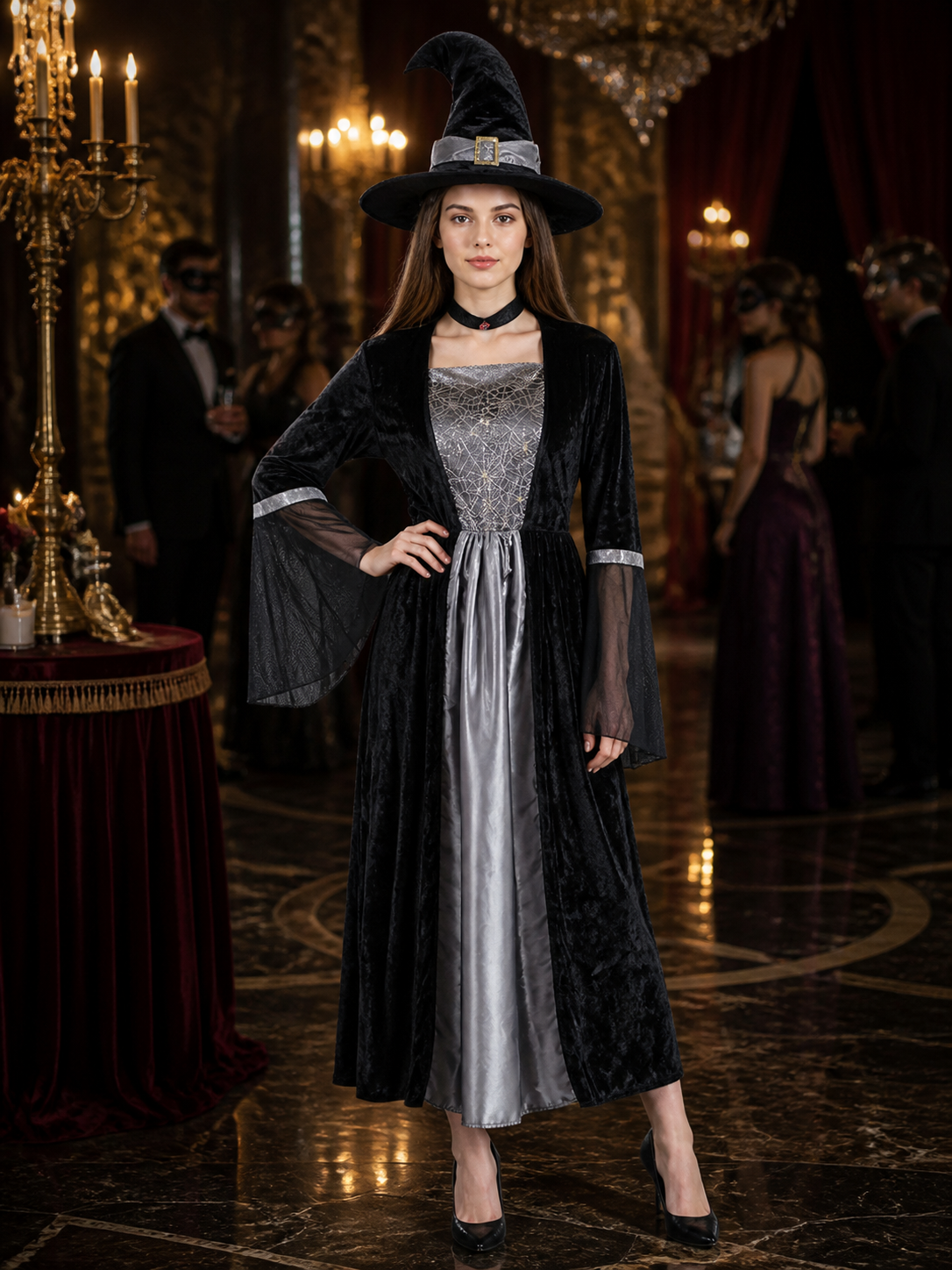 Women's Witch Costume Set - Black Long Dress with Sheer Sleeves, Spiderweb Costume Dresses detail