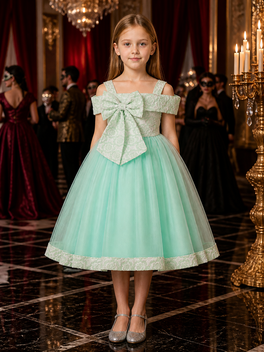 Girls' Mint Green Princess Dress with Large Bow and Jacquard Tulle Skirt Costume Dresses detail