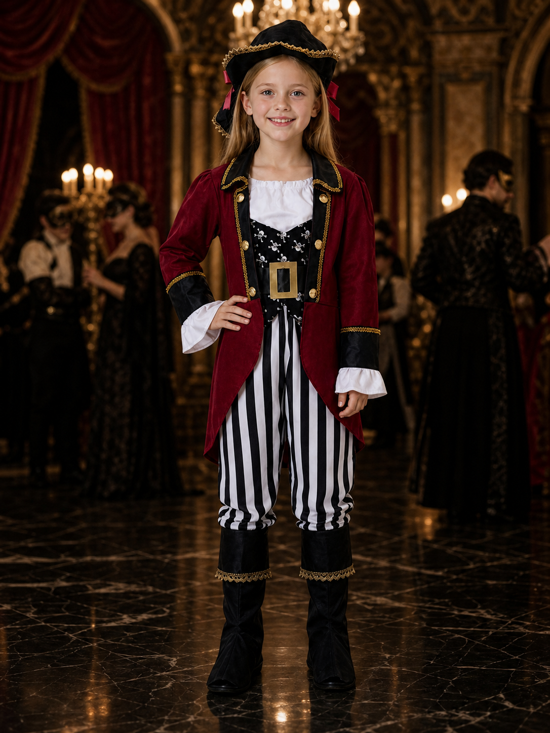 Kids Pirate Costume Set - Burgundy Coat with Gold Trim, Skull Print & Pirate Hat Costume Headwear detail