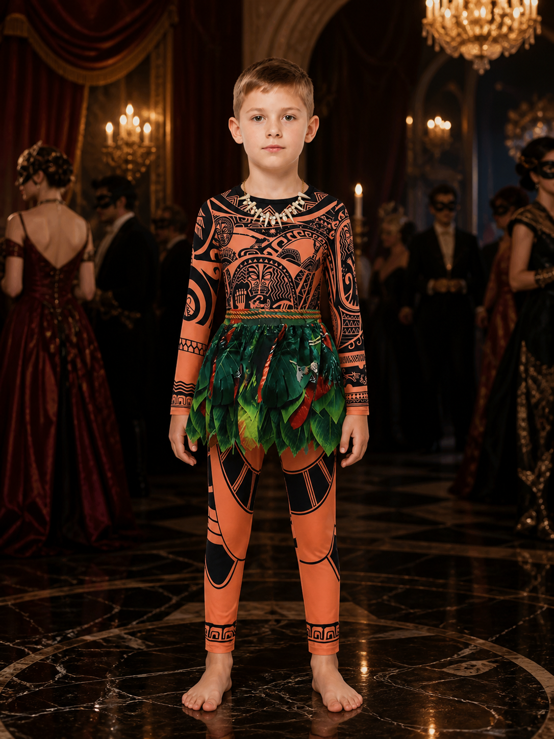 Boys' Tribal Print Bodysuit Costume Set with Leaf Skirt and Necklace Costumes detail