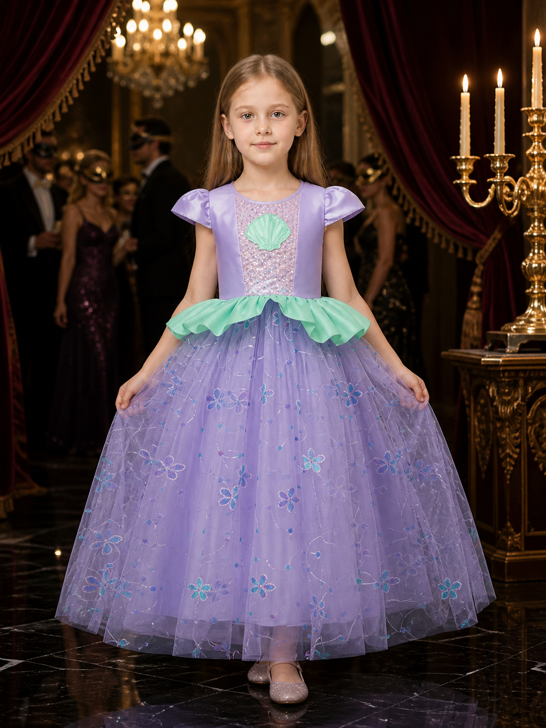 Girls' Mermaid Princess Dress Costume, Sequined Floral Mesh Performance Gown Costume Dresses detail
