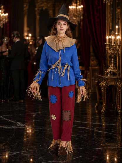 Blue and Burgundy Scarecrow Witch Costume Set with Hat and Fringe Details Costume Headwear detail
