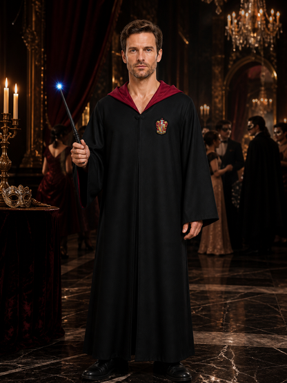 Hooded Wizard Robe Costume Set with Magic Wand, Black Long Cloak Costume Capes detail