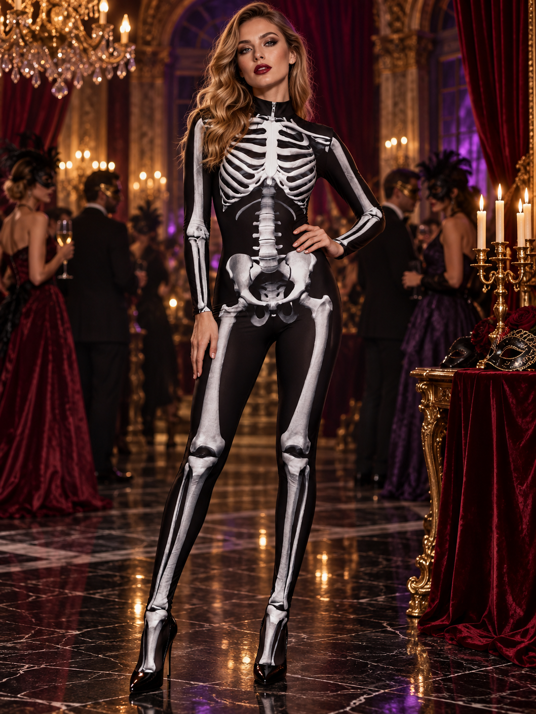 Black and White Skeleton Jumpsuit Costume with Print and Zipper