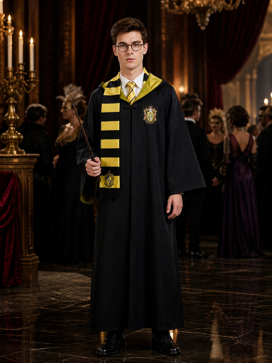 Black Long Hooded Wizard Robe Costume Set with Black and Yellow Striped Scarf Costumes detail