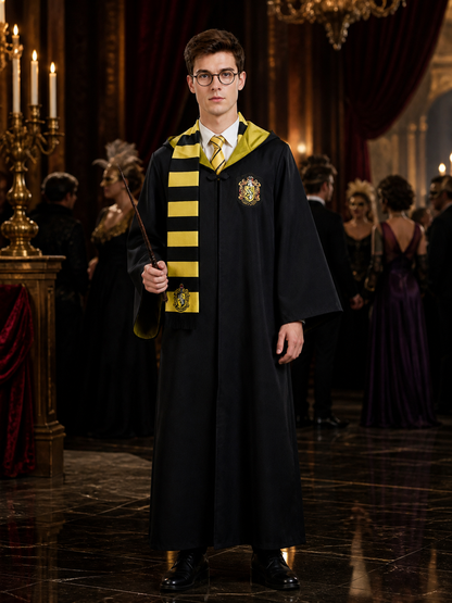 Black Long Hooded Wizard Robe Costume Set with Black and Yellow Striped Scarf Costumes detail